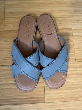 Joie Light Blue Cross-Strap Whipstitch Slide Sandals